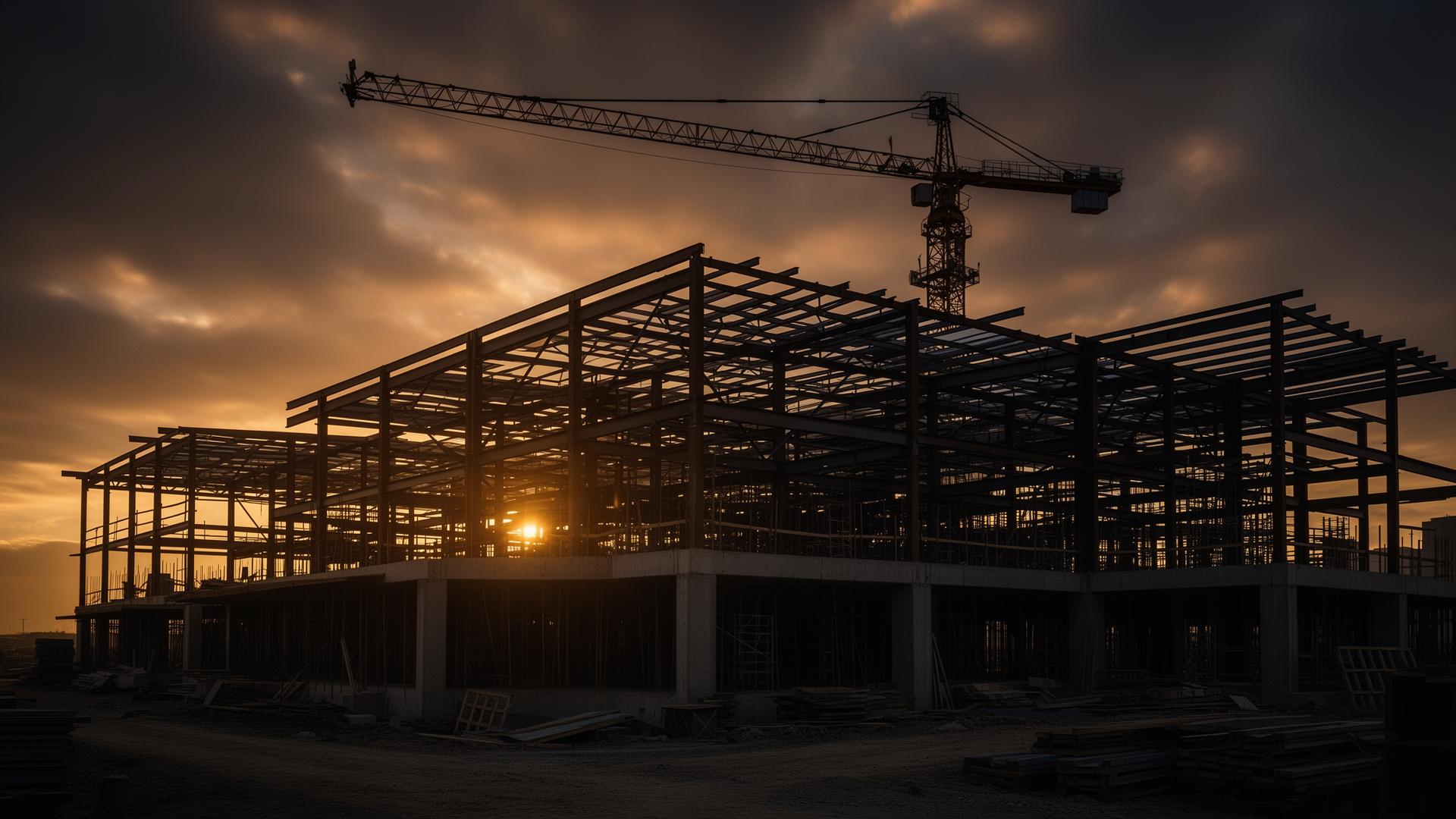 BullrunBuild commercial construction site at golden hour with steel framing and tower crane
